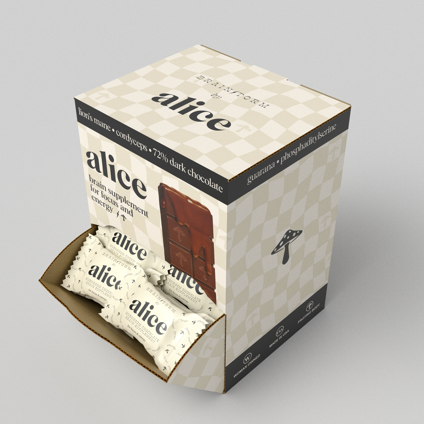 Alice Mushrooms - Brainstorm Singles — mushroom chocolates for focus