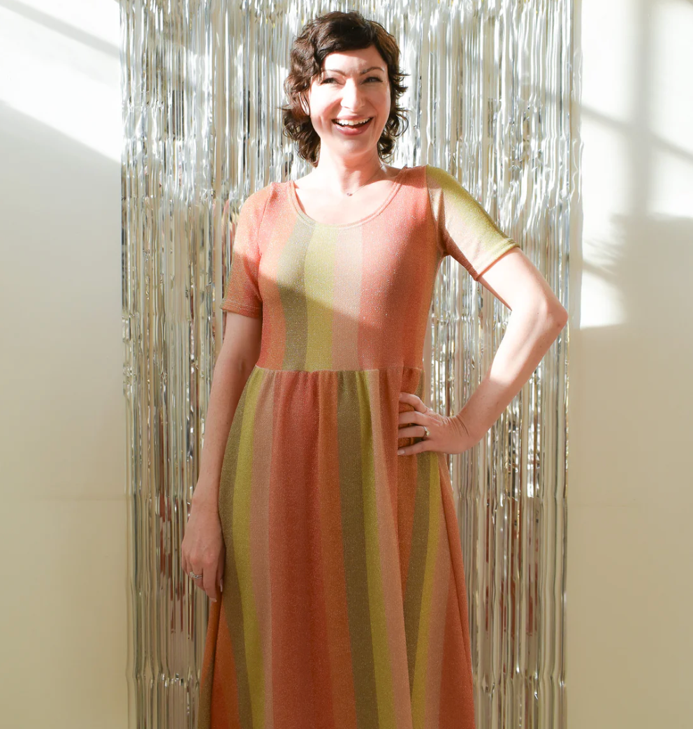 Altar Houseline Megumi Dress in Sparkle Stripe Midi Sleeve