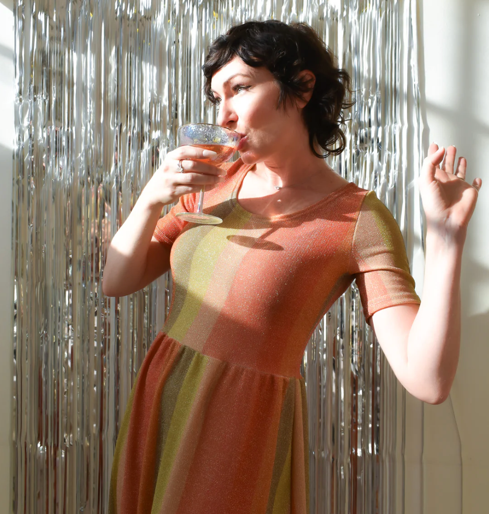 Altar Houseline Megumi Dress in Sparkle Stripe Midi Sleeve